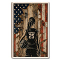Framed volleyball wall art showing a player holding a ball against a distressed red, white, and blue backdrop