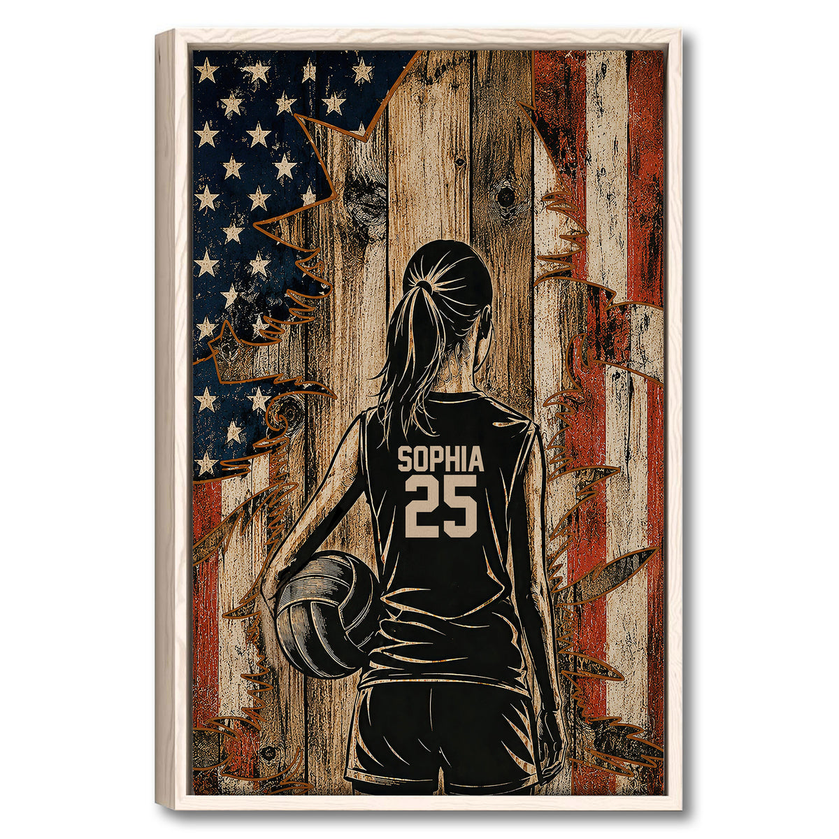 Framed volleyball wall art showing a player holding a ball against a distressed red, white, and blue backdrop