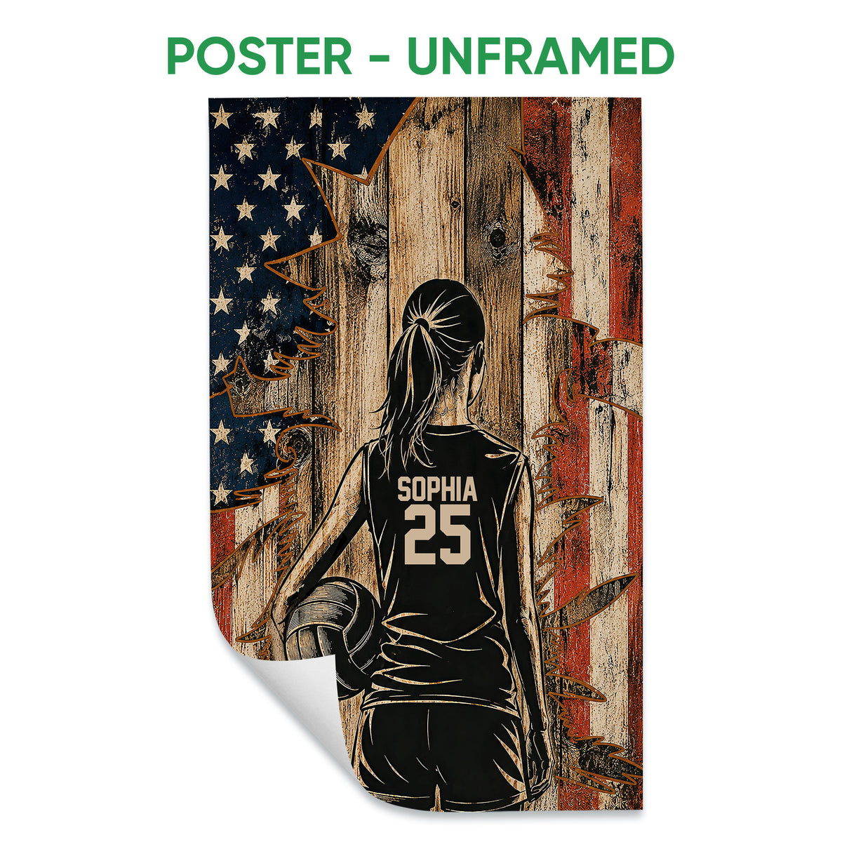 Unframed volleyball poster featuring a player holding a volleyball with a vintage patriotic backdrop