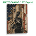 Matte canvas volleyball wall art featuring a player and volleyball in front of a distressed flag-inspired design