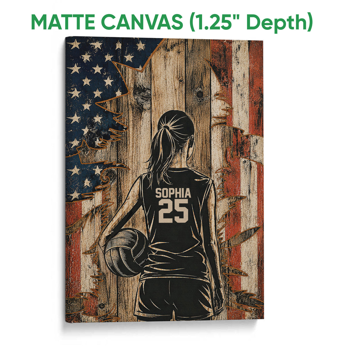 Matte canvas volleyball wall art featuring a player and volleyball in front of a distressed flag-inspired design