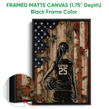 Black framed canvas volleyball wall art with a player holding a ball and a detailed red, white, and blue background