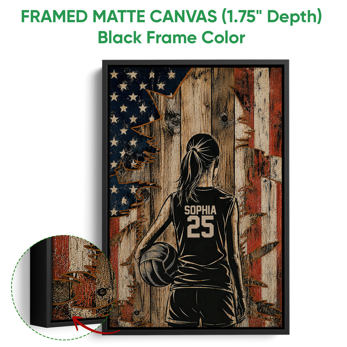Black framed canvas volleyball wall art with a player holding a ball and a detailed red, white, and blue background