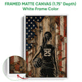 White framed canvas volleyball wall art showing a player with a volleyball and a textured patriotic backdrop