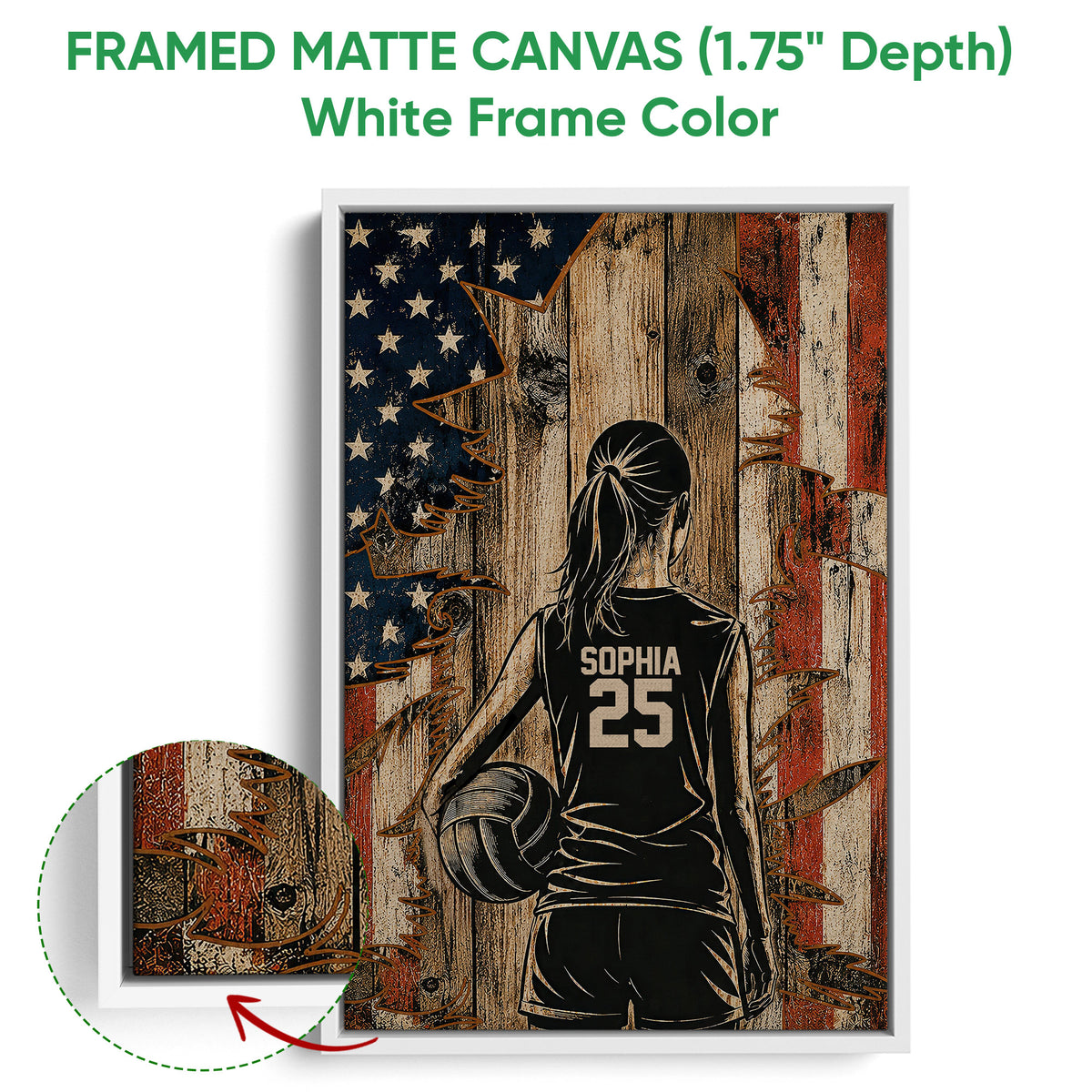 White framed canvas volleyball wall art showing a player with a volleyball and a textured patriotic backdrop