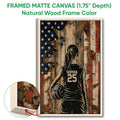 Natural wood framed volleyball wall art featuring a player holding a volleyball in a rustic-style setting