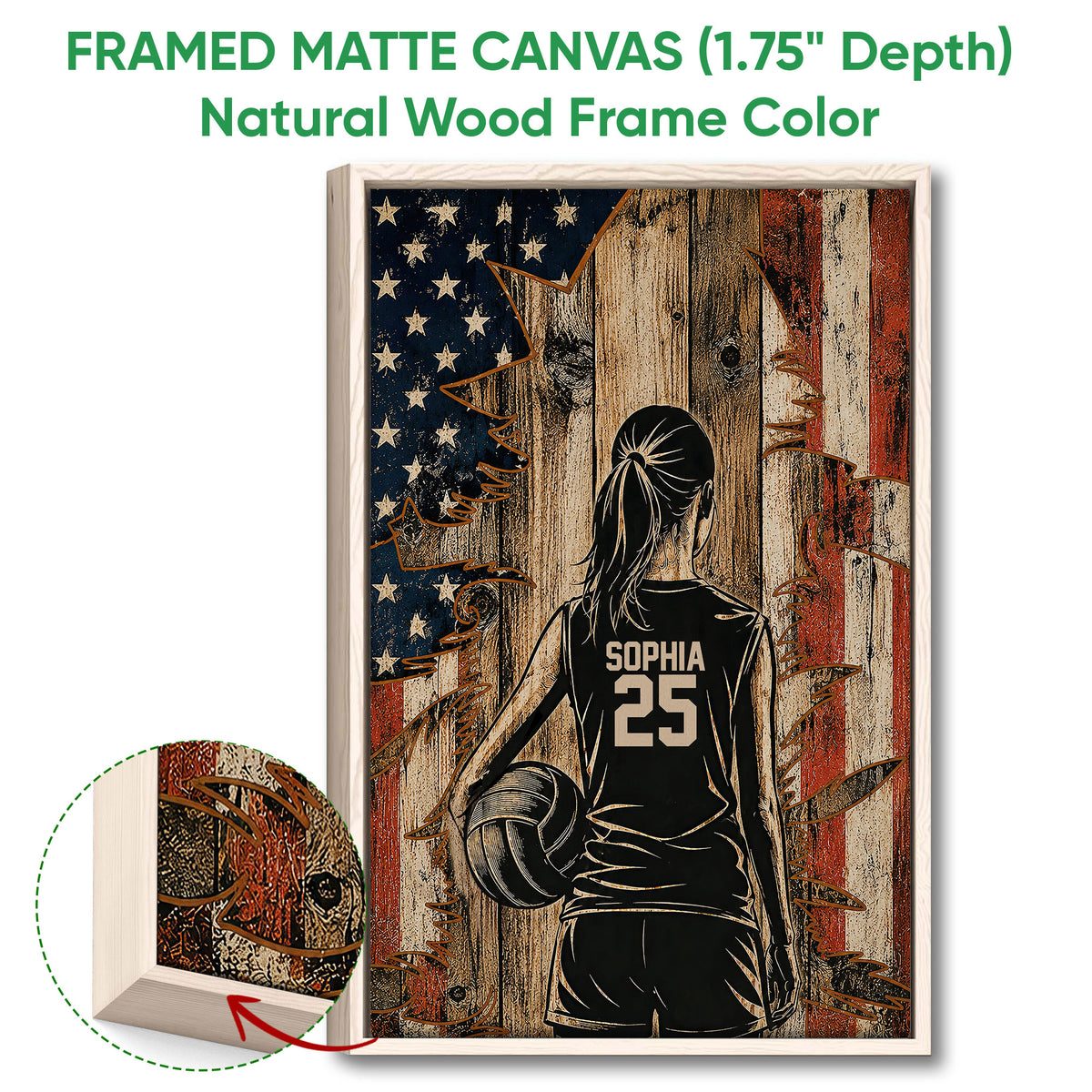 Natural wood framed volleyball wall art featuring a player holding a volleyball in a rustic-style setting