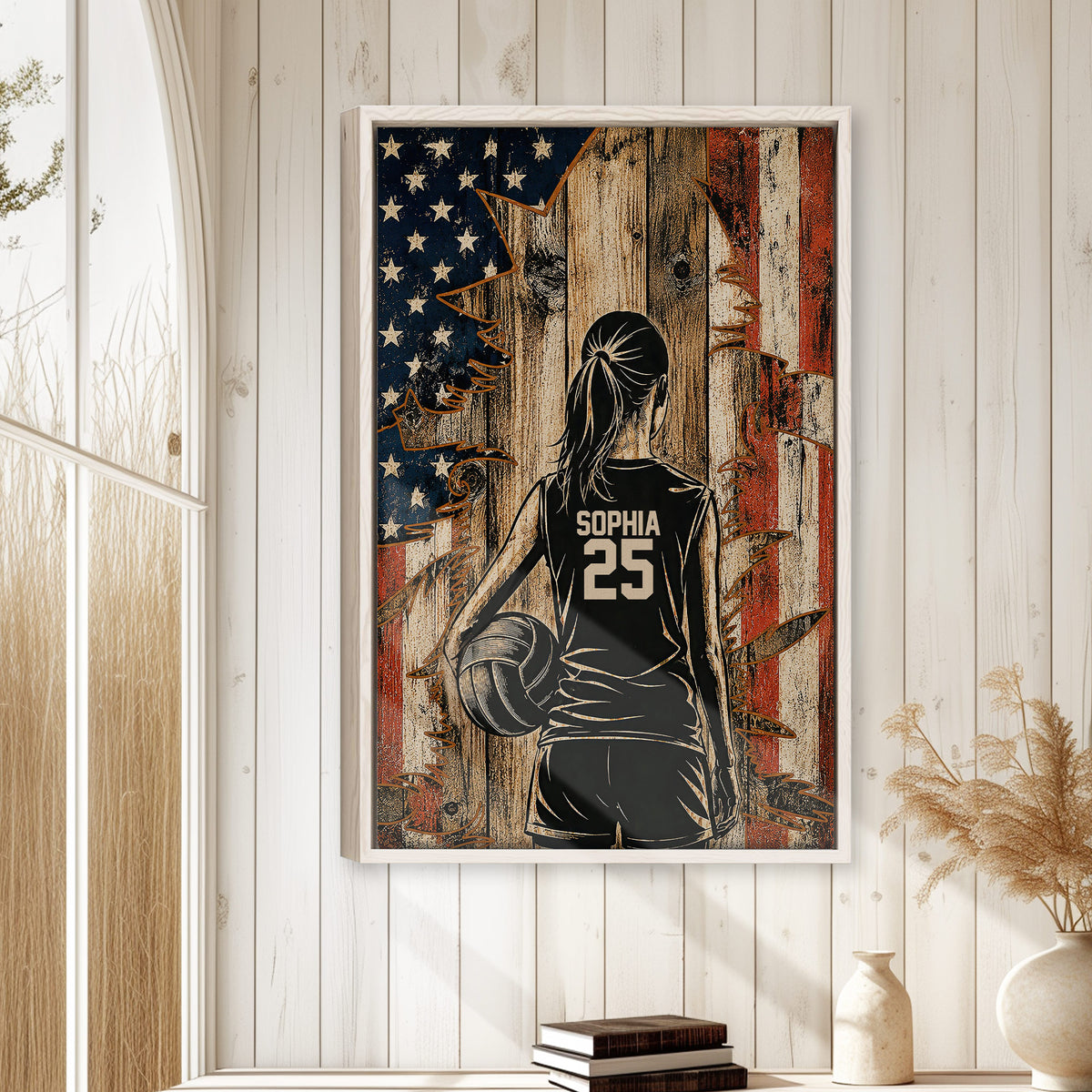 Framed volleyball wall art displayed on a light wood-paneled wall in a bright home interior