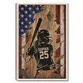 Framed softball wall art featuring a batter silhouette over a rustic American flag wood background