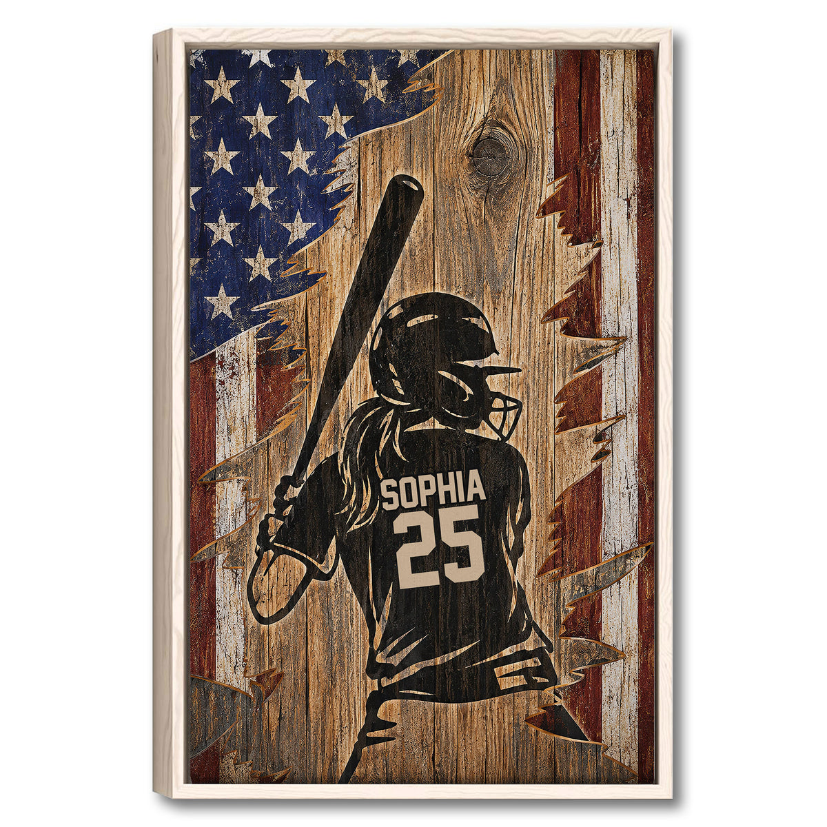 Framed softball wall art featuring a batter silhouette over a rustic American flag wood background