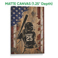 Matte canvas softball wall art showing a batter silhouette, rustic wood texture, and American flag colors