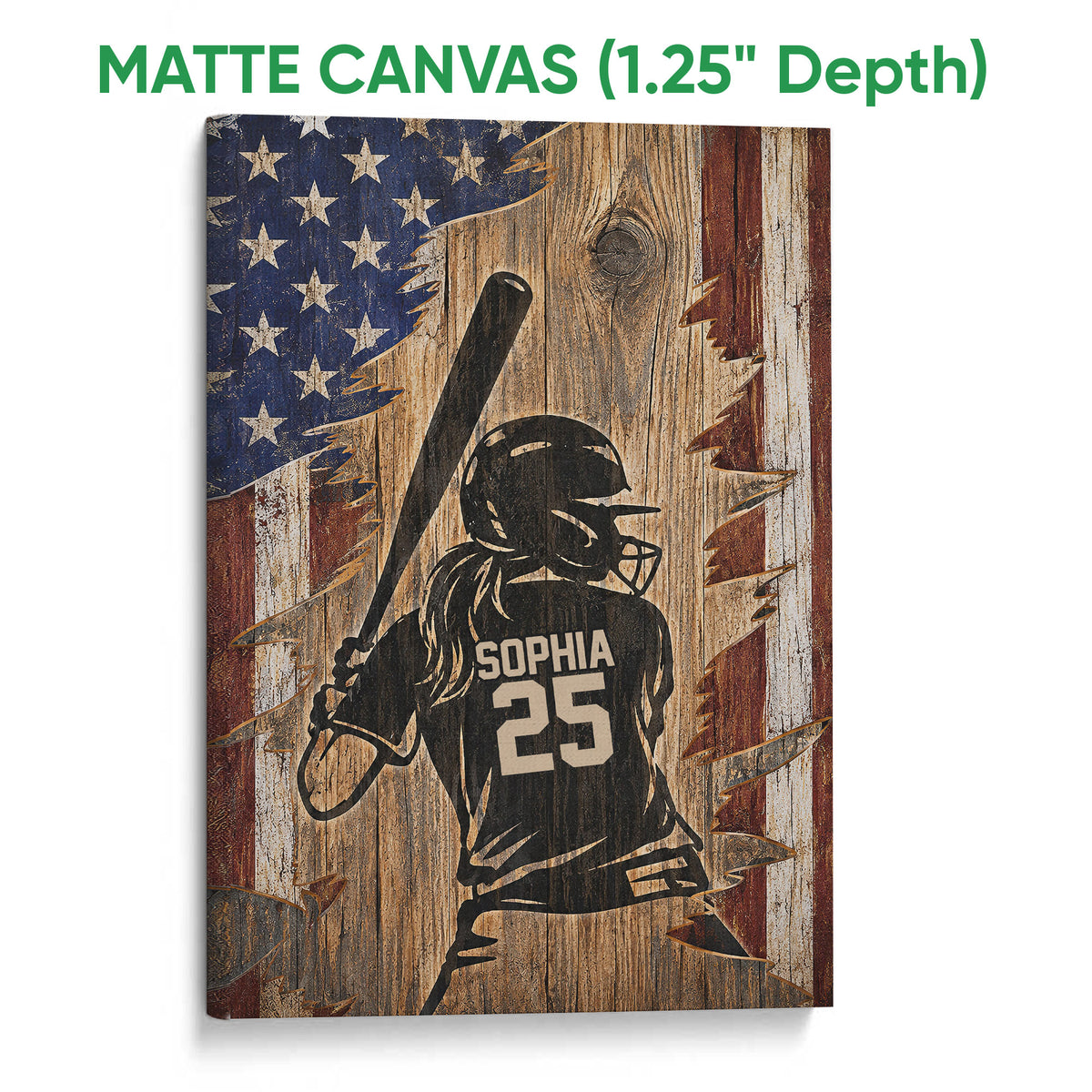 Matte canvas softball wall art showing a batter silhouette, rustic wood texture, and American flag colors