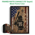 Framed matte canvas softball wall art shown with a black frame and close-up of the frame edge
