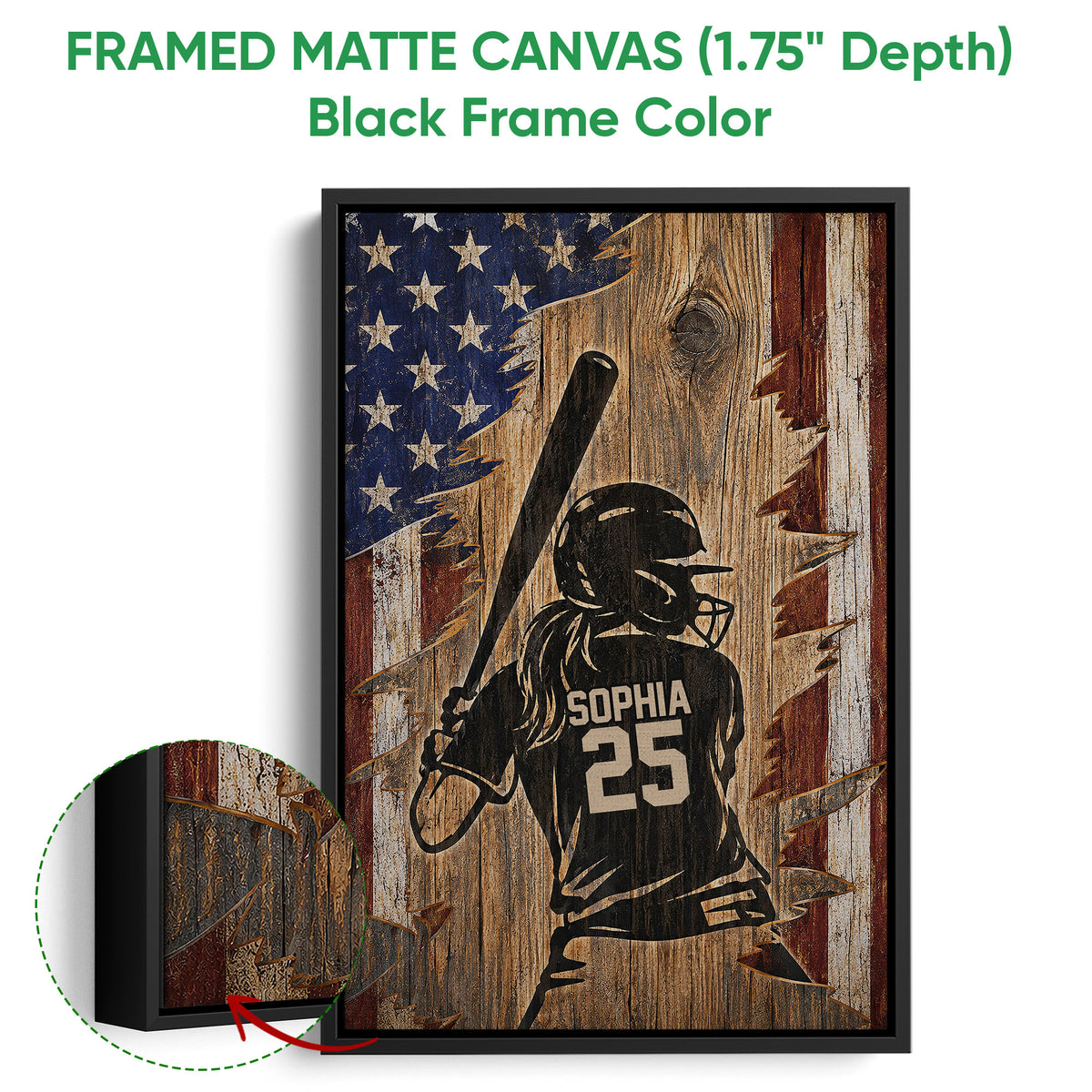 Framed matte canvas softball wall art shown with a black frame and close-up of the frame edge