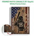 Framed matte canvas softball wall art shown with a white frame and close-up of the frame edge