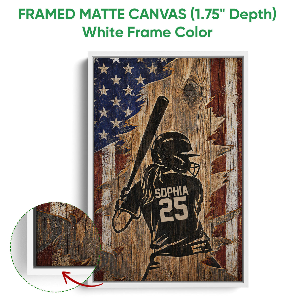 Framed matte canvas softball wall art shown with a white frame and close-up of the frame edge