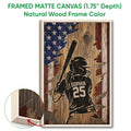 Framed matte canvas softball wall art shown with a natural wood frame and close-up of the frame edge