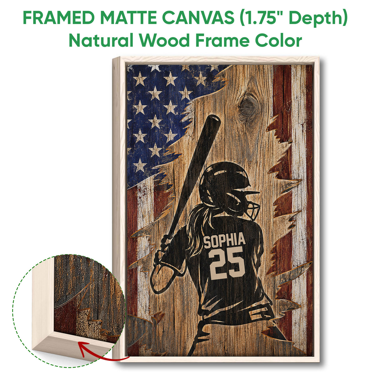 Framed matte canvas softball wall art shown with a natural wood frame and close-up of the frame edge