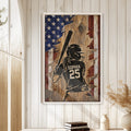 Rustic framed softball wall art displayed on a light wood-paneled wall in a bright home interior