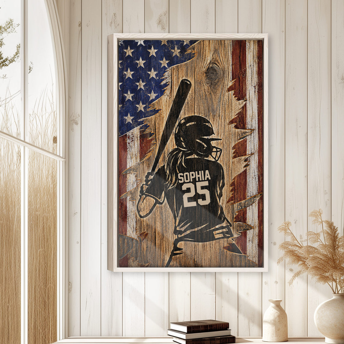 Rustic framed softball wall art displayed on a light wood-paneled wall in a bright home interior