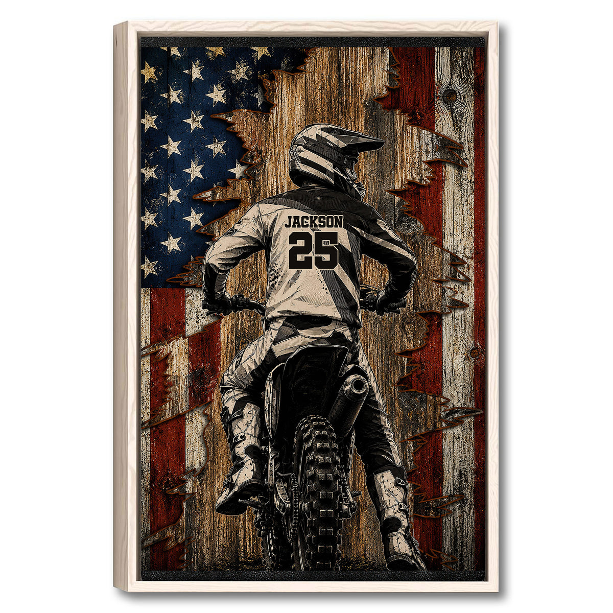 Framed motocross wall art showing a helmeted dirt bike rider against a distressed American flag background