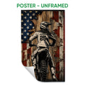 Unframed motocross poster print showing a helmeted rider on a dirt bike with rustic flag artwork