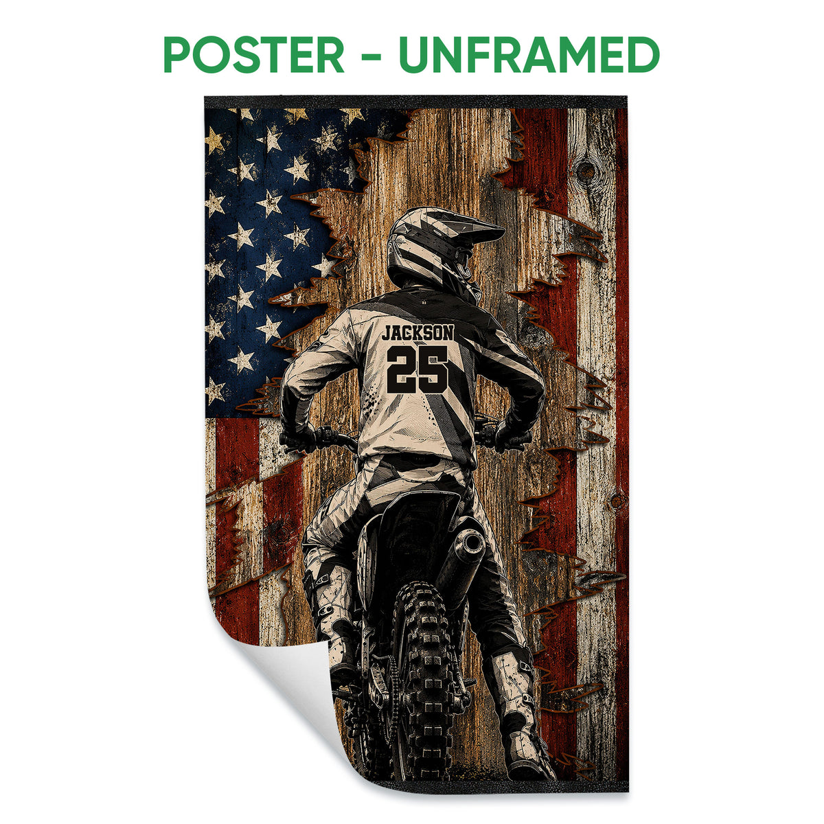 Unframed motocross poster print showing a helmeted rider on a dirt bike with rustic flag artwork