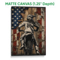 Matte canvas motocross wall art featuring a dirt bike rider and distressed American flag design
