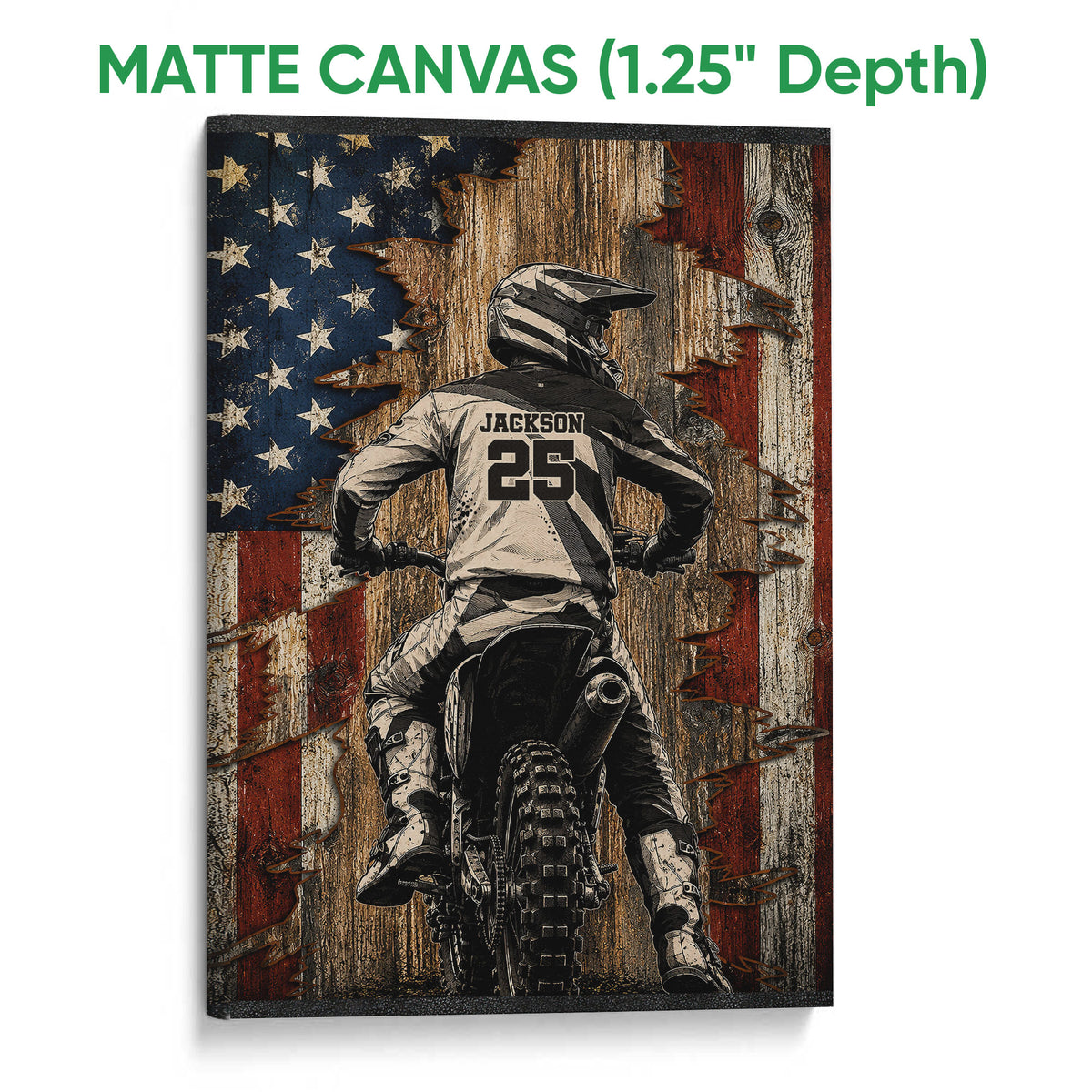 Matte canvas motocross wall art featuring a dirt bike rider and distressed American flag design