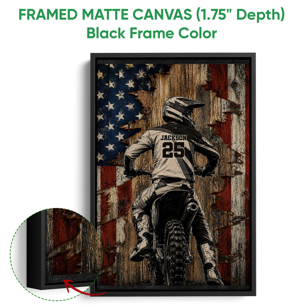 Framed motocross canvas wall art shown with a black frame and detailed rider artwork