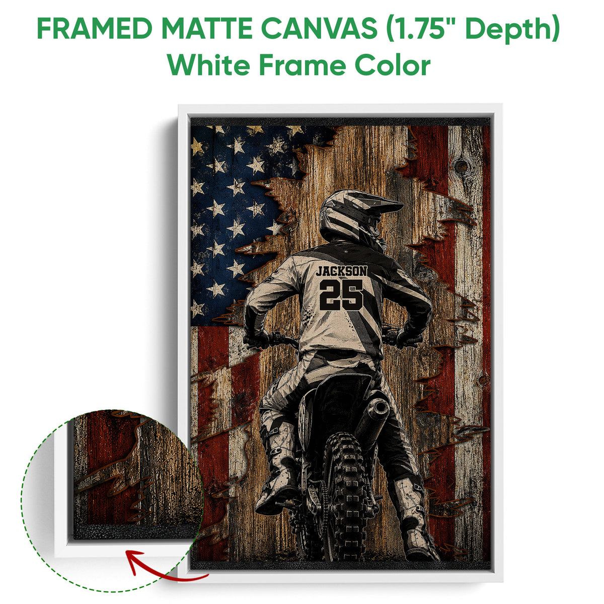 Framed motocross canvas wall art shown with a white frame and detailed rider artwork