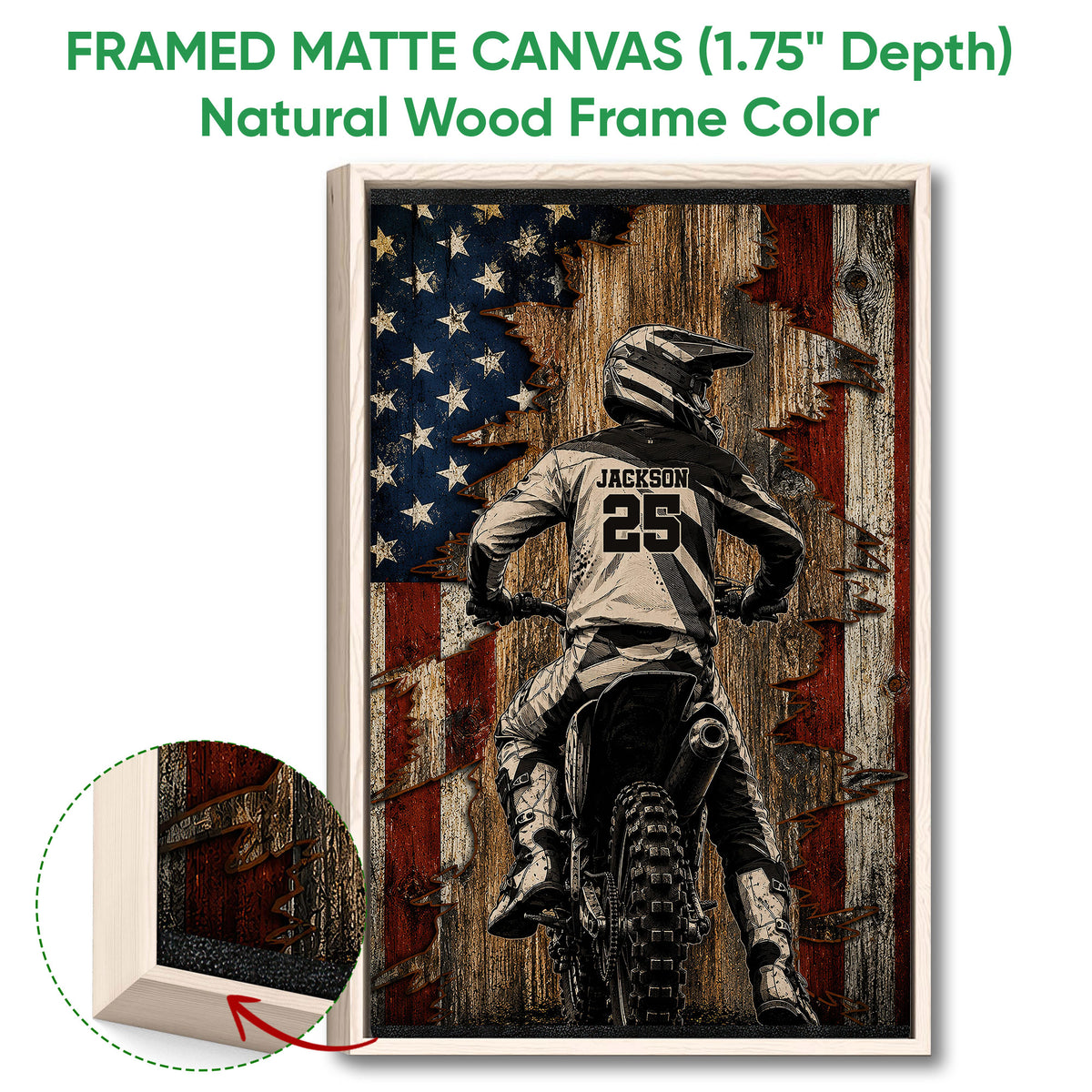 Framed motocross canvas wall art shown with a natural wood frame in a rustic style
