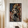 Motocross framed wall art displayed on a light wood-paneled wall in a bright home interior