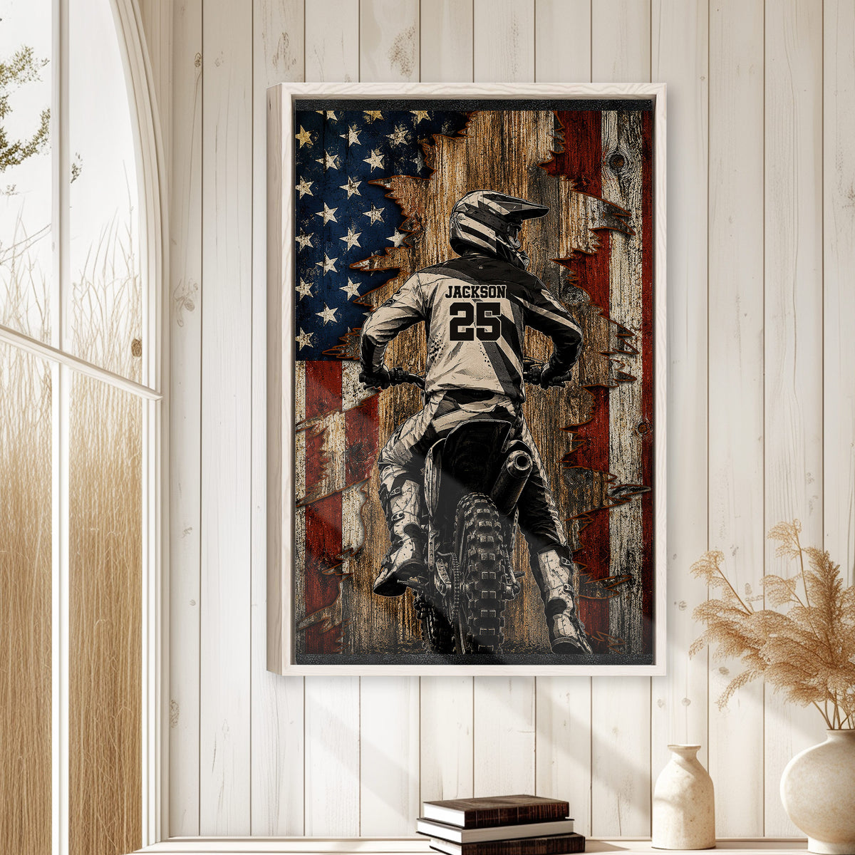 Motocross framed wall art displayed on a light wood-paneled wall in a bright home interior