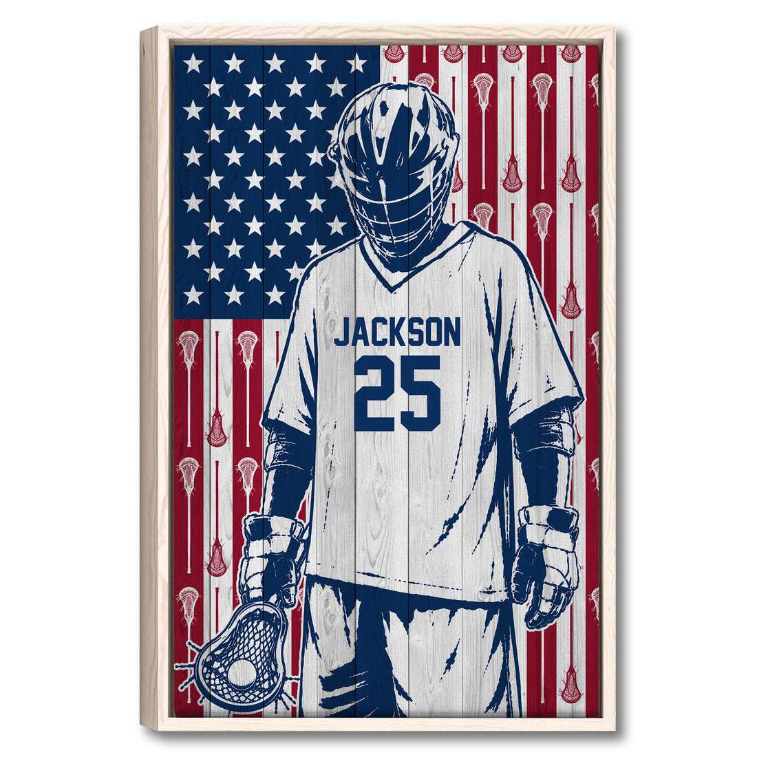 Framed lacrosse goalie wall art with patriotic red, white and blue stripes and lacrosse stick details