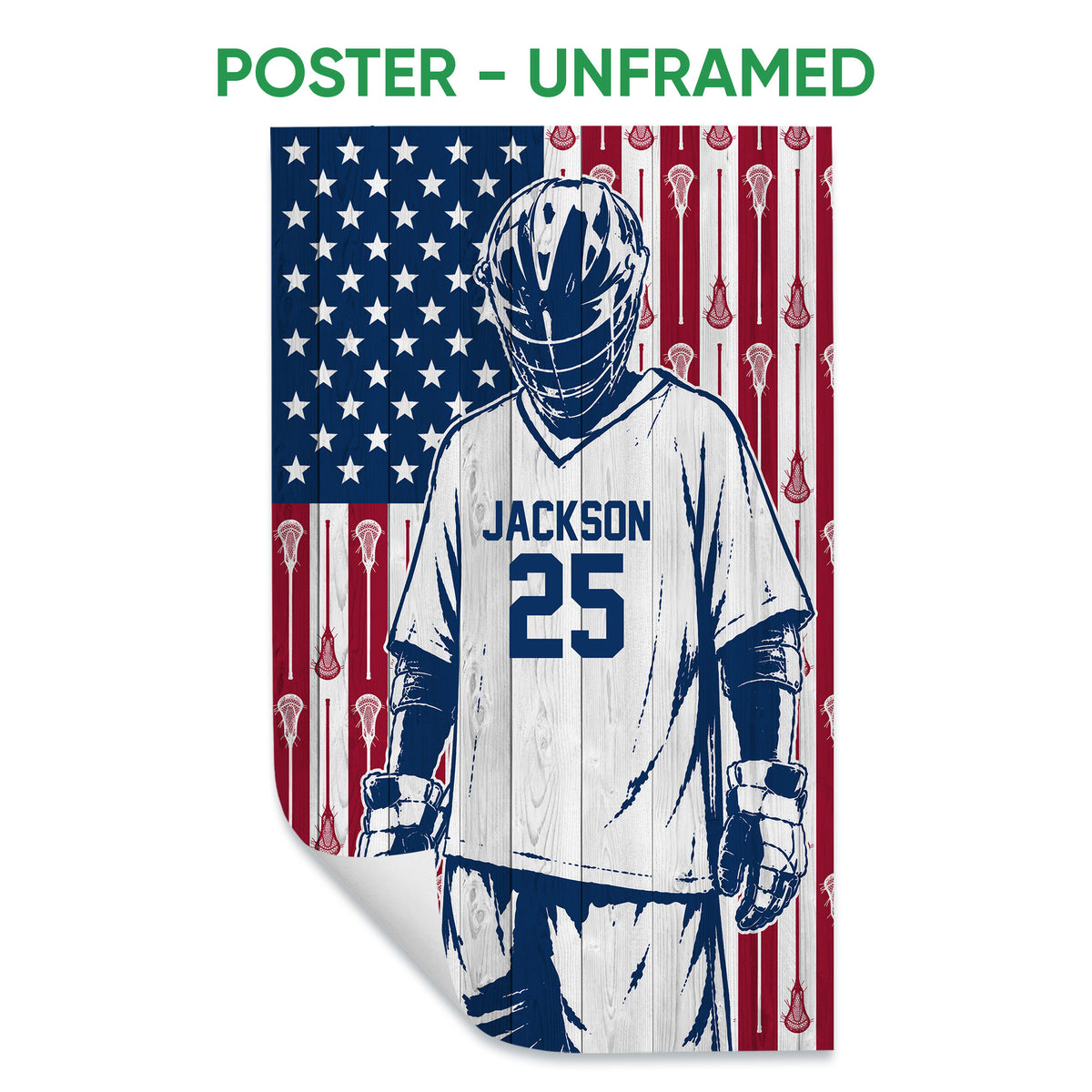 Unframed lacrosse poster featuring a helmeted goalie against a patriotic red, white and blue background