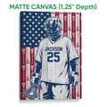 Matte canvas lacrosse wall art featuring a helmeted goalie, lacrosse stick and patriotic background