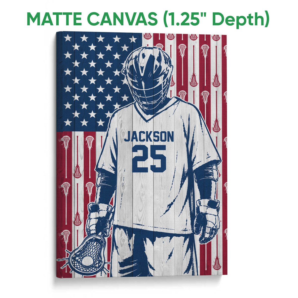 Matte canvas lacrosse wall art featuring a helmeted goalie, lacrosse stick and patriotic background