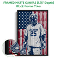 Black framed lacrosse canvas wall art with a helmeted goalie and detailed lacrosse stick close-up