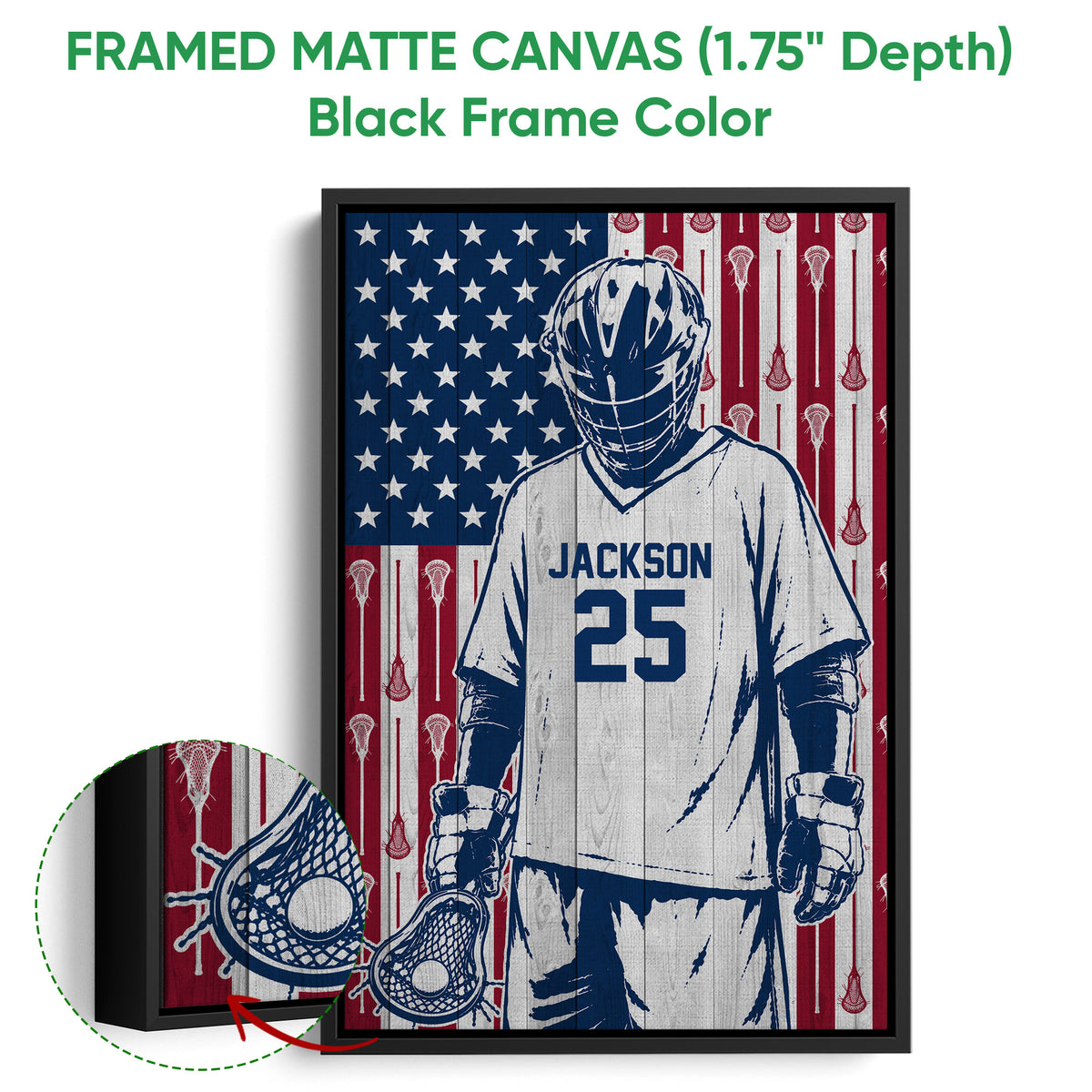 Black framed lacrosse canvas wall art with a helmeted goalie and detailed lacrosse stick close-up