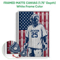 White framed lacrosse canvas wall art featuring a helmeted goalie and patriotic lacrosse design