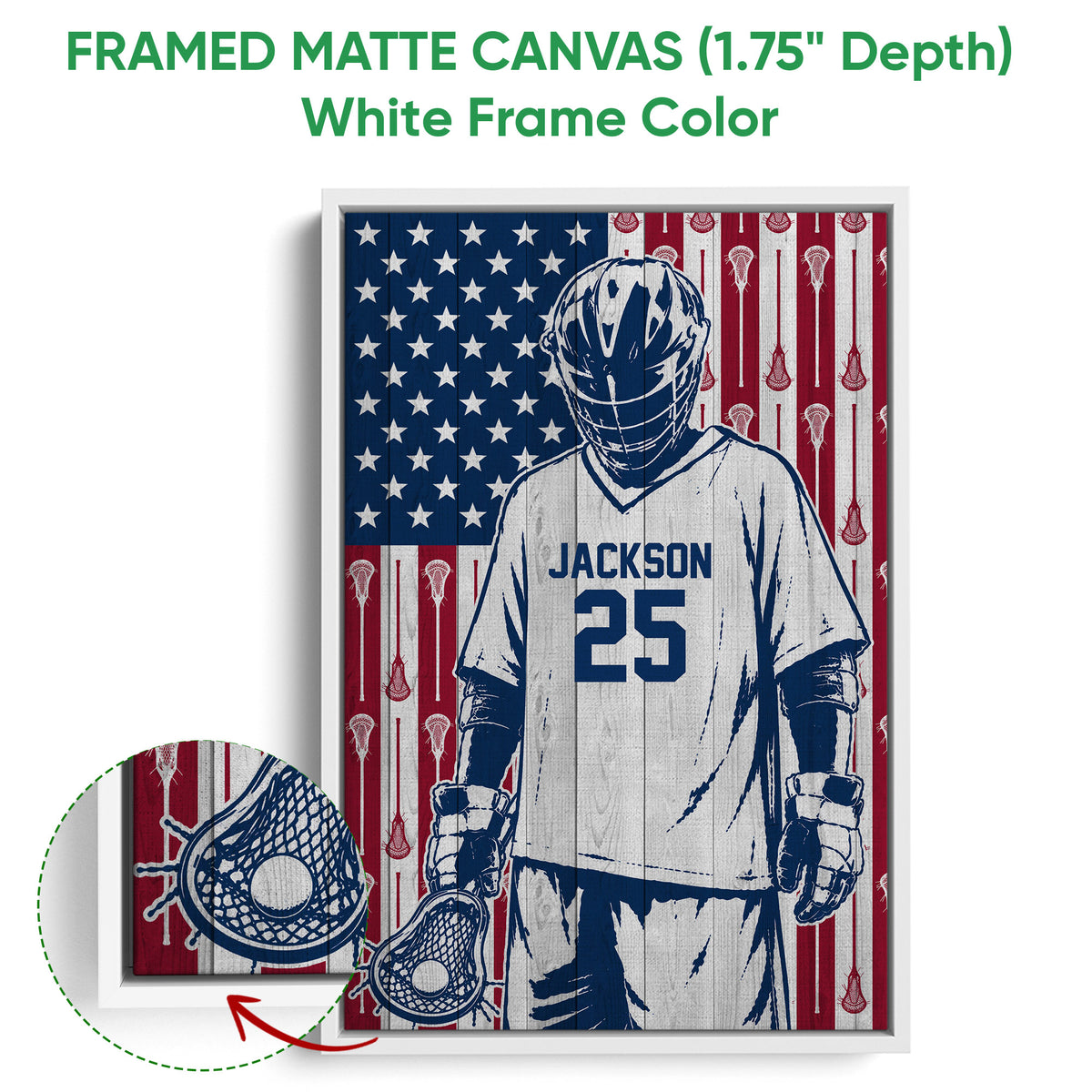 White framed lacrosse canvas wall art featuring a helmeted goalie and patriotic lacrosse design