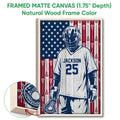 Natural wood framed lacrosse wall art with a helmeted goalie and lacrosse stick detail