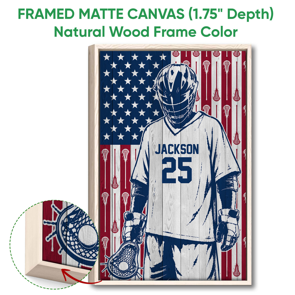 Natural wood framed lacrosse wall art with a helmeted goalie and lacrosse stick detail
