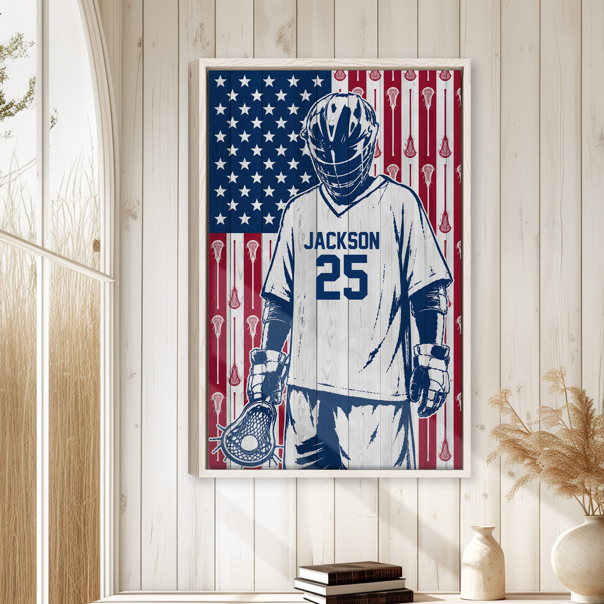 Patriotic lacrosse wall art displayed in a bright room with white paneled walls and natural wood decor