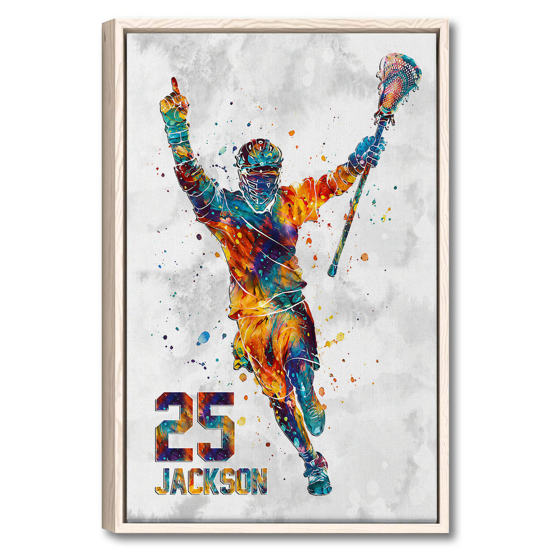 Framed lacrosse wall art featuring a colorful player in action with a lacrosse stick