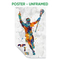 Unframed lacrosse poster featuring a vibrant player in motion against a light splattered background