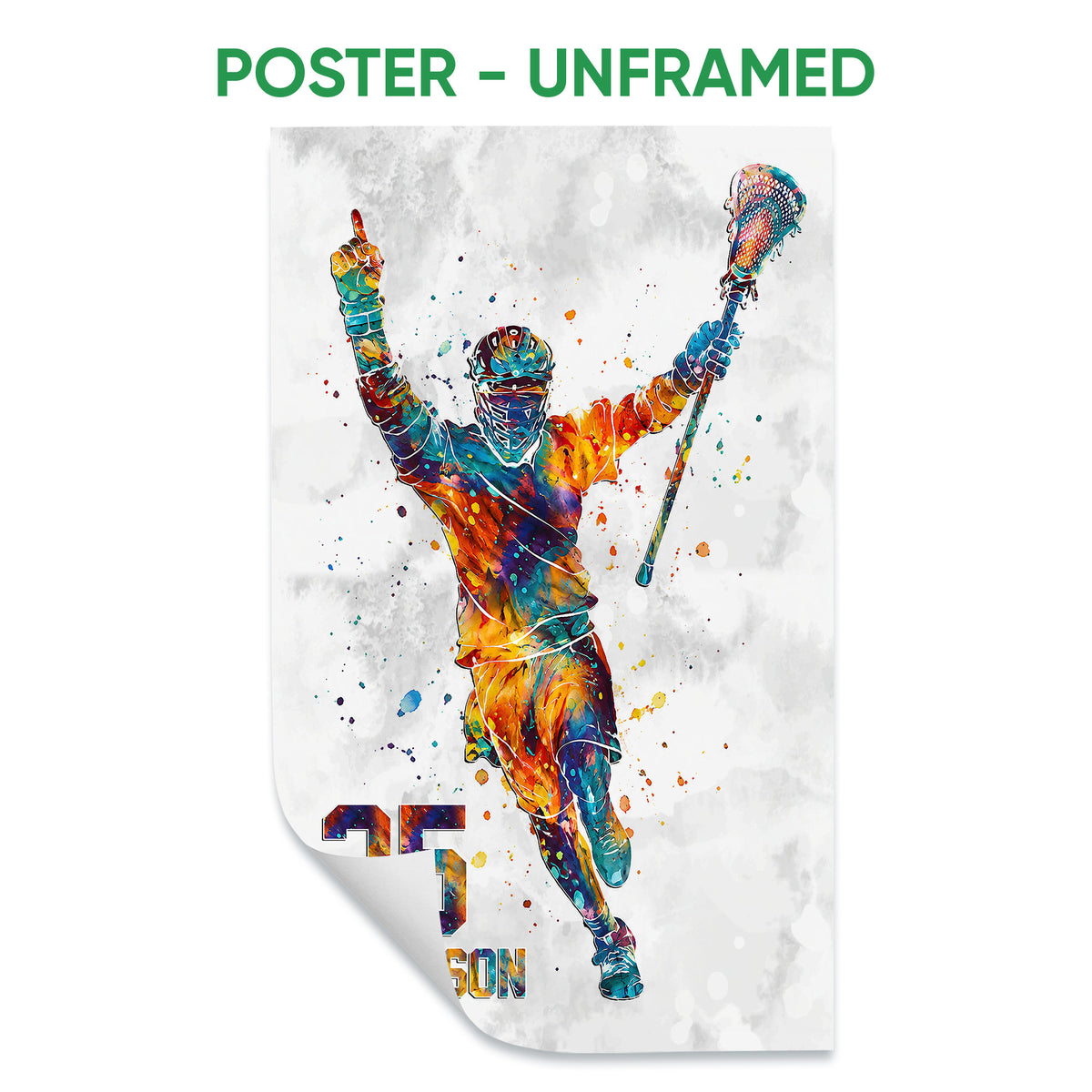 Unframed lacrosse poster featuring a vibrant player in motion against a light splattered background