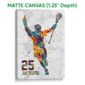 Matte canvas lacrosse wall art showing a colorful player celebrating with a lacrosse stick