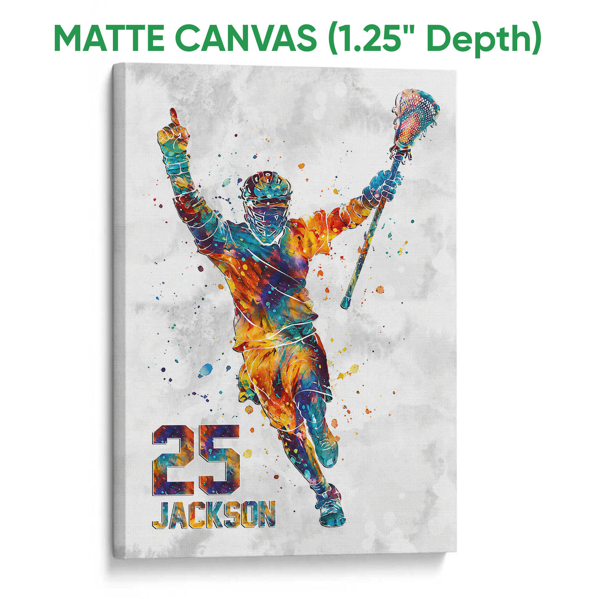 Matte canvas lacrosse wall art showing a colorful player celebrating with a lacrosse stick
